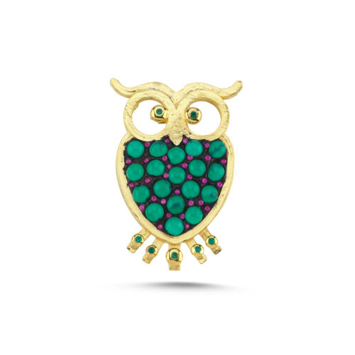 Tasarım Yeşil Akik Taşlı Baykuş Gümüş Broş - CNG Jewels