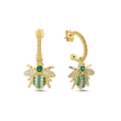 Tasarım Yeşil Arı Sallantılı Gümüş Küpe - CNG Jewels
