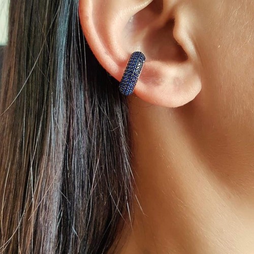 Taşlı Bombe Halka Safir Taşlı Kıkırdak Gümüş Bayan Küpe - CNG Jewels