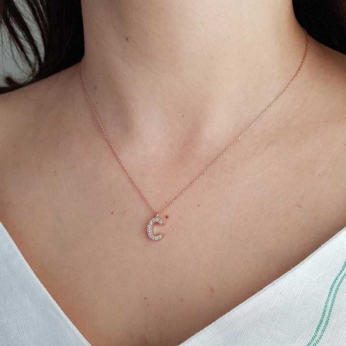 Taşlı C Harfi Rose Gümüş Kolye 
