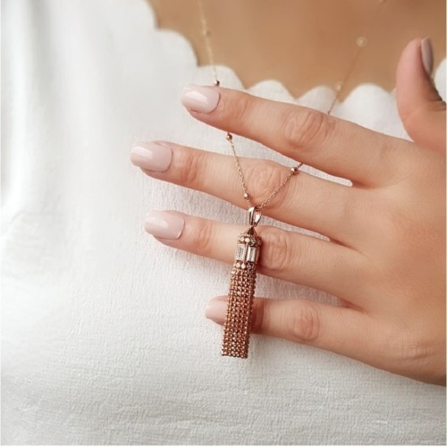 Taşlı Fener Zincir Püsküllü Uzun Gümüş Kadın Kolye - CNG Jewels (1)