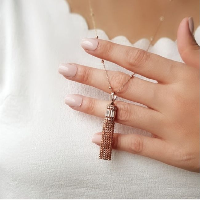 Taşlı Fener Zincir Püsküllü Uzun Gümüş Kadın Kolye - 2