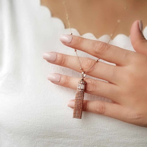 Taşlı Fener Zincir Püsküllü Uzun Gümüş Kadın Kolye - 3