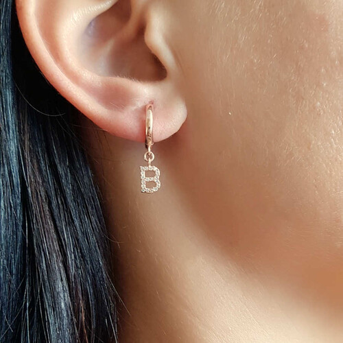 Taşlı Harf Sallantılı Gümüş Halka Küpe - 4