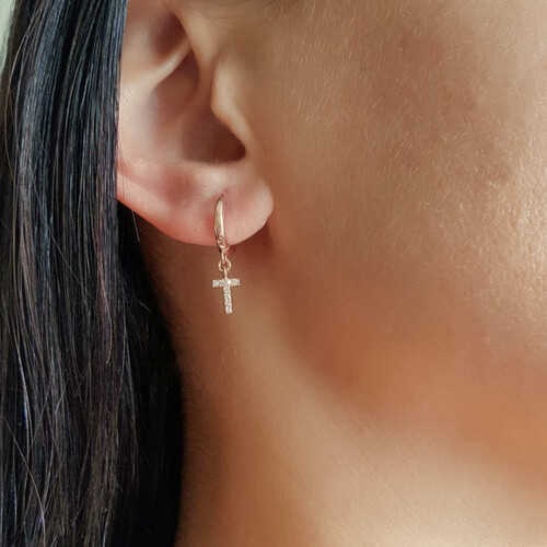 Taşlı Harf Sallantılı Gümüş Halka Küpe - 7