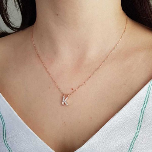 Taşlı K Harfi Gümüş Bayan Kolye - CNG Jewels