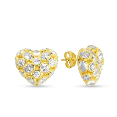 Taşlı Kalp Gold Kadın Gümüş Küpe - CNG Jewels