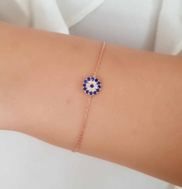 Taşlı Küçük Nazar Boncuğu Gümüş Bileklik - 1