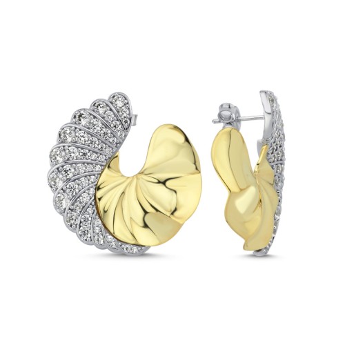 Taşlı Tasarım İstiridye Gold Kadın Gümüş Küpe - CNG Jewels