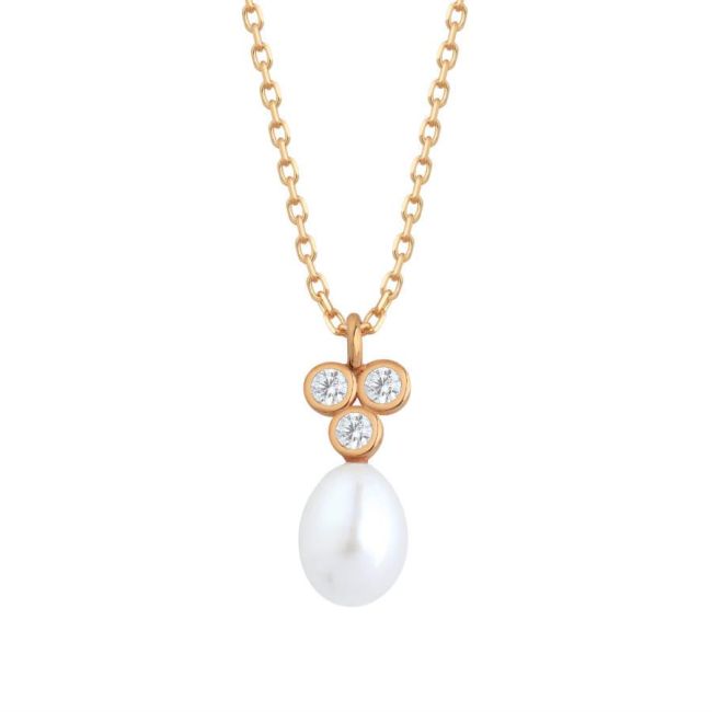Taşlı Tria Damla Gerçek İnci Rose Gümüş Kolye - 1