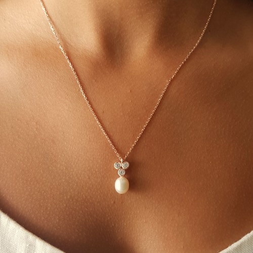 Taşlı Tria Damla Gerçek İnci Rose Kadın Gümüş Kolye - CNG Jewels (1)