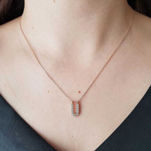 Taşlı U Harfi Rose Gümüş Kolye 