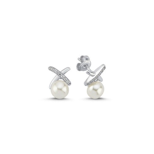 Taşlı X Minimal Gümüş İnci Küpe - CNG Jewels (1)