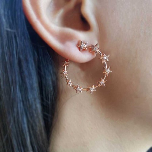 Taşlı Yıldız Çember Rose Gümüş Küpe - CNG Jewels