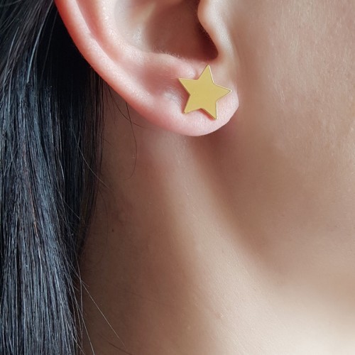 Taşsız Parlak Gold Rengi Yıldız Gümüş Kadın Küpe 