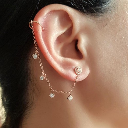 Tektaş Zincir Araları Taşlı Kıkırdak Cuff Rose Gümüş Bayan Küpe - CNG Jewels (1)