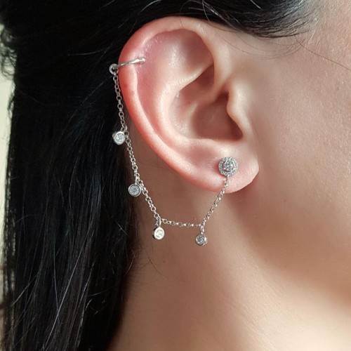 Tektaş Zincir Araları Taşlı Kıkırdak Cuff Gümüş Bayan Küpe - CNG Jewels
