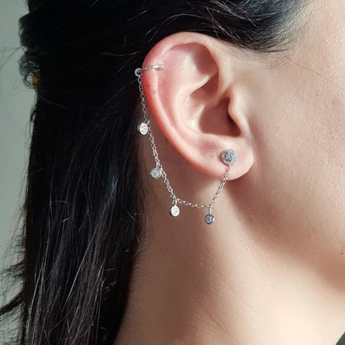 Tektaş Zincir Araları Taşlı Kıkırdak Cuff Gümüş Bayan Küpe - CNG Jewels (1)