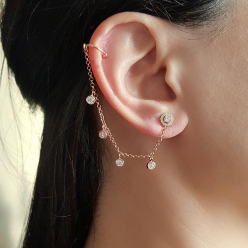 Tektaş Zincir Araları Taşlı Kıkırdak Cuff Rose Gümüş Kadın Küpe - CNG Jewels