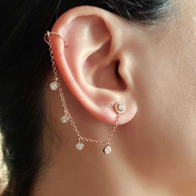 Tektaş Zincir Araları Taşlı Kıkırdak Cuff Rose Gümüş Kadın Küpe - 2