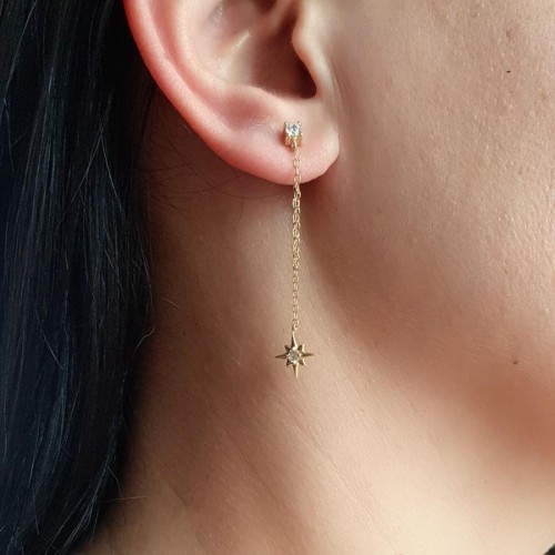 Tektaş Zincirli Kutup Yıldızı Gold Gümüş Kadın Küpe - CNG Jewels