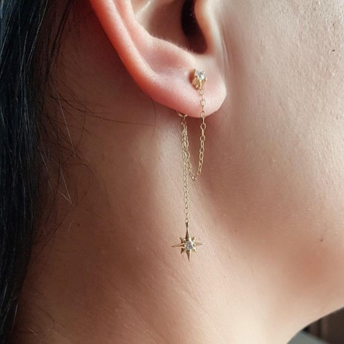 Tektaş Zincirli Kutup Yıldızı Gold Gümüş Kadın Küpe - CNG Jewels (1)