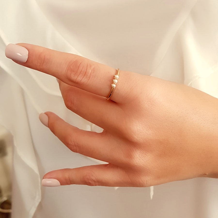 Thin Trend Gold Ring with Small Three Pearls - 3