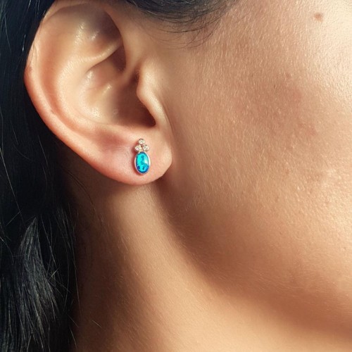 Tria Oval Mavi Opal Rose Gümüş Bayan Küpe - CNG Jewels