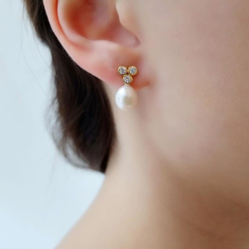 Tria Taşlı Doğal Damla İncili Gold Gümüş Bayan Küpe - CNG Jewels (1)