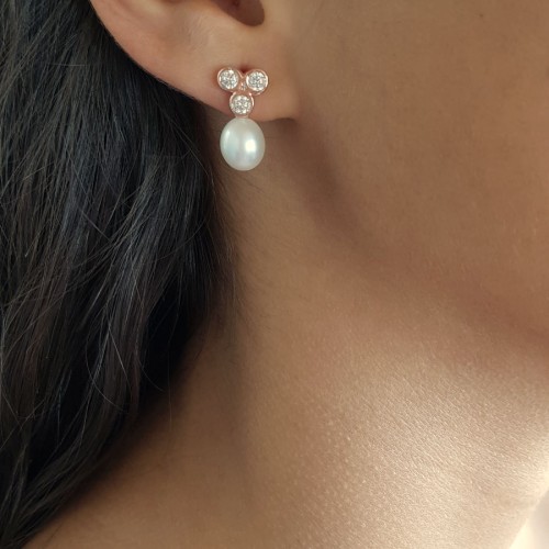 Tria Taşlı Doğal Damla İncili Gümüş Bayan Küpe - CNG Jewels (1)