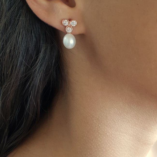 Tria Taşlı Doğal Damla İncili Gümüş Kadın Küpe - 2