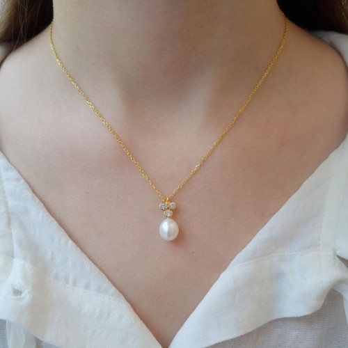 Tria Natural Drop Pearl Sterling Silver Necklace - CNG Jewels (1)