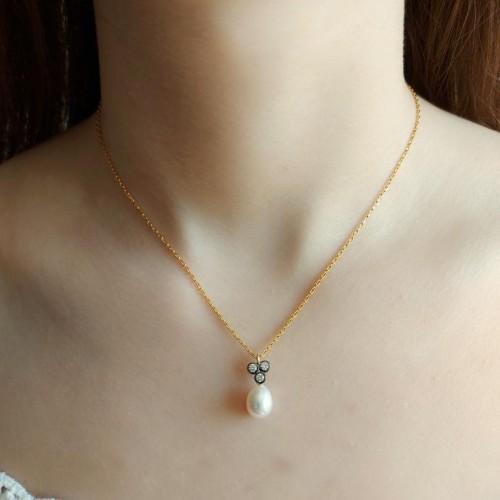 Tria Old Style Drop Pearl Silver Necklace - CNG Jewels