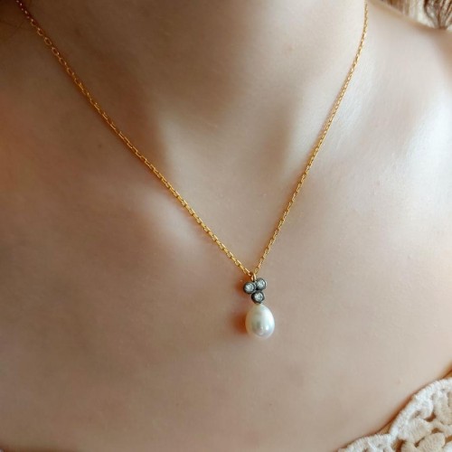 Tria Old Style Drop Pearl Silver Necklace - CNG Jewels (1)