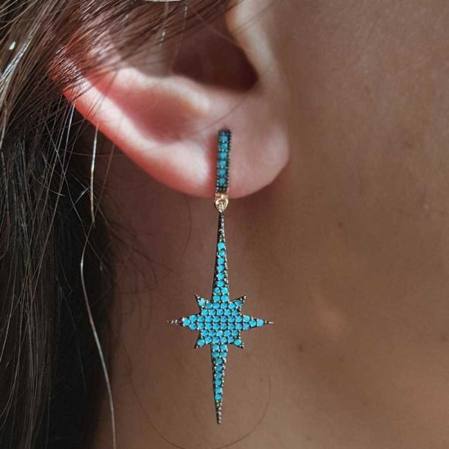 Turkuaz Büyük Kutup Yıldızı Sallantılı Gümüş Küpe - 1