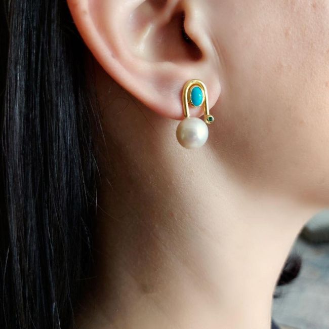 Turkuaz Perla Gerçek İnci Kadın Gümüş Küpe - 3