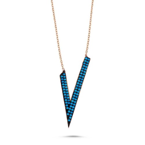 Turkuaz Taşlı Asimetrik V Gümüş Kadın Kolye 