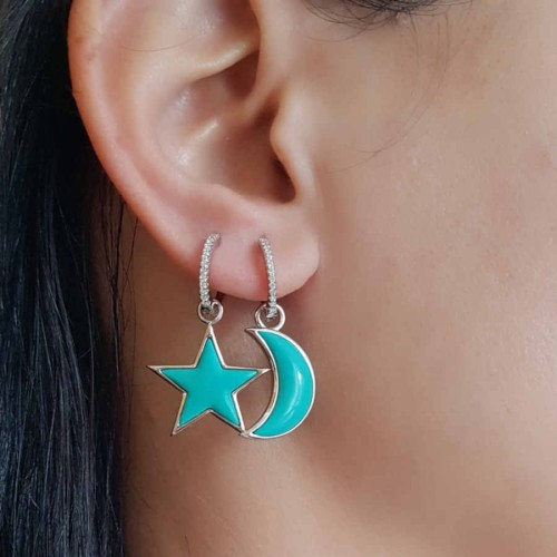 Turkuaz Taşlı Ay Yıldız Tasarım Gümüş Bayan Küpe - CNG Jewels