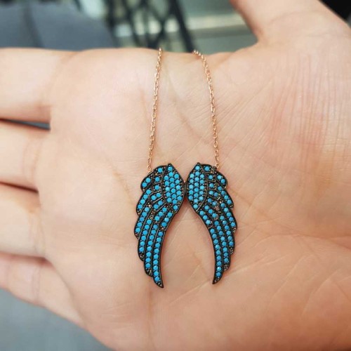 Turkuaz Taşlı Düz Melek Kanadı Gümüş Bayan Kolye - CNG Jewels