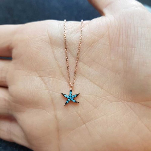 Turkuaz Taşlı Küçük Deniz Yıldızı Gümüş Bayan Kolye - CNG Jewels