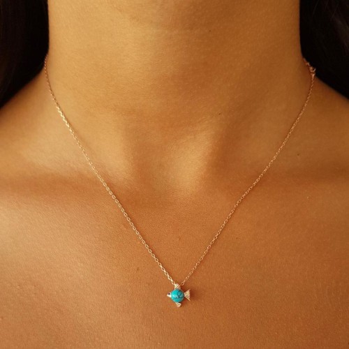 Turkuaz Taşlı Minimal Balık Rose Gümüş Kadın Kolye 