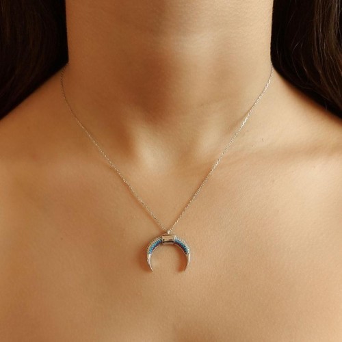 Turkuaz Taşlı Ters Hilal Gümüş Bayan Kolye - CNG Jewels