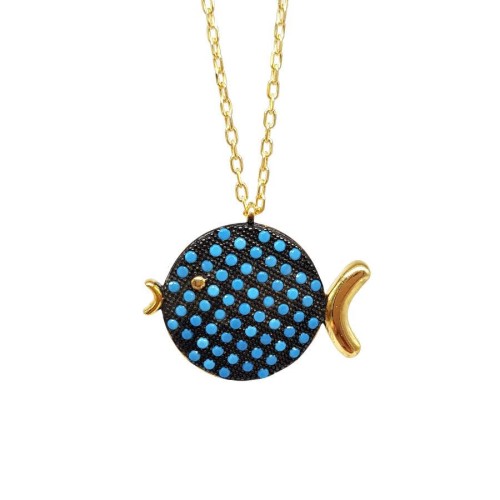 Turkuaz Taşlı Tombul Balık Gümüş Kadın Kolye - CNG Jewels