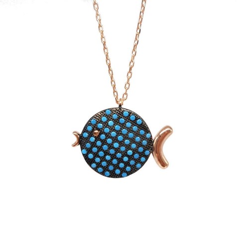 Turkuaz Taşlı Tombul Balık Rosegold Gümüş Bayan Kolye - CNG Jewels