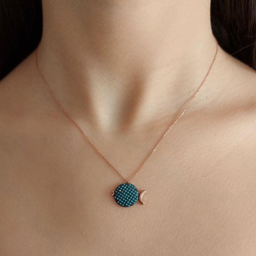 Turkuaz Taşlı Tombul Balık Rosegold Gümüş Bayan Kolye - CNG Jewels (1)