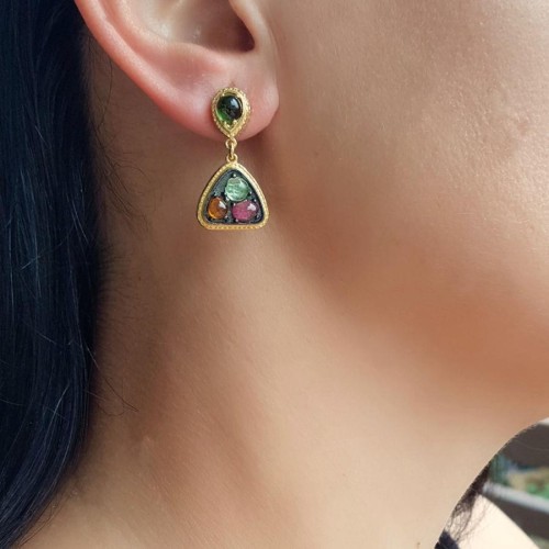 Turmalin Taşlı Tasarım Üçgen Kadın Gümüş Küpe - CNG Jewels