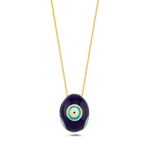 Üç Boyutlu Oval Küre Renkli Nazar Göz Gümüş Kadın Kolye - CNG Jewels