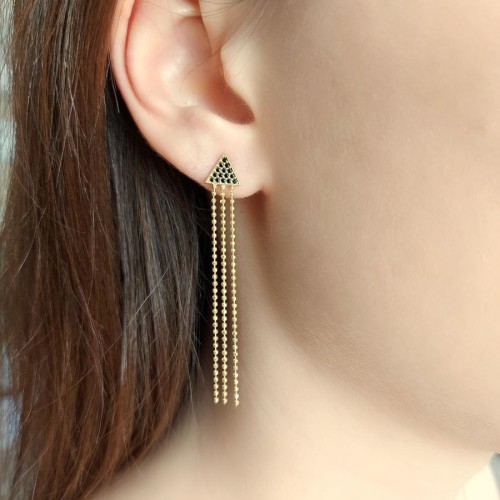 Üçgen Üç Sıra Top Zincirli Gold Gümüş Bayan Küpe - CNG Jewels