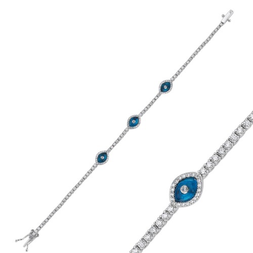 Üçlü Badem Cam Göz Gümüş Su Yolu Bileklik - CNG Jewels