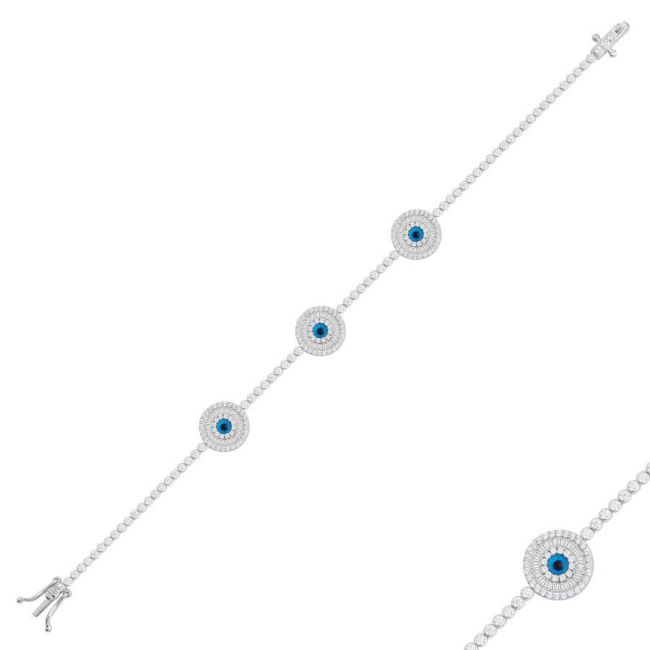 Üçlü Baget Nazar Boncuklu Su Yolu Gümüş Kadın Bileklik - 1